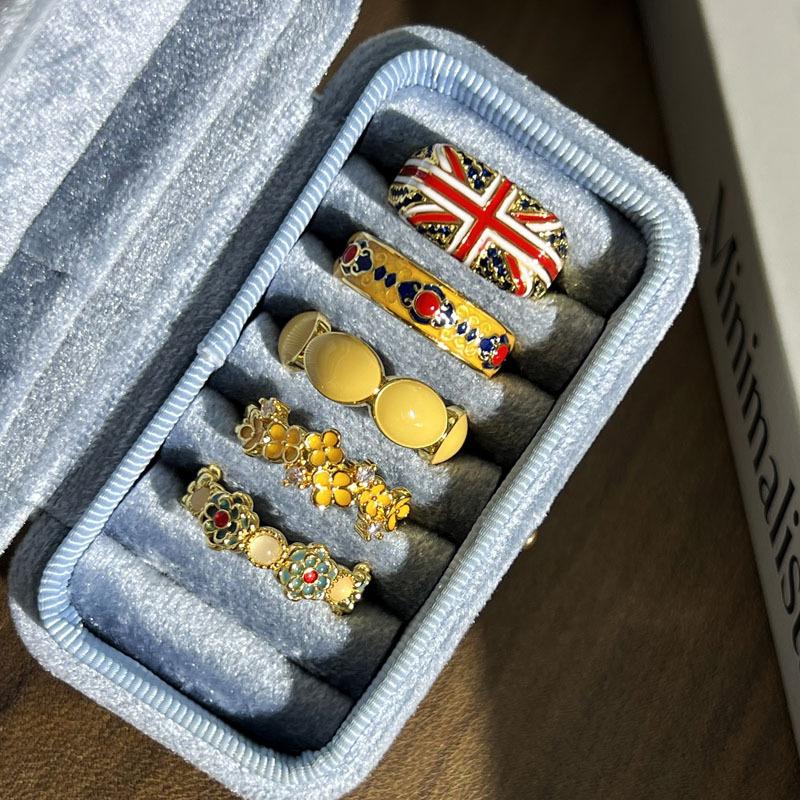 2026 Gold Glaze Luting Retro British Style Color Rice Flag Open Ring Female Simple Flower Light Luxury Temperament Ring