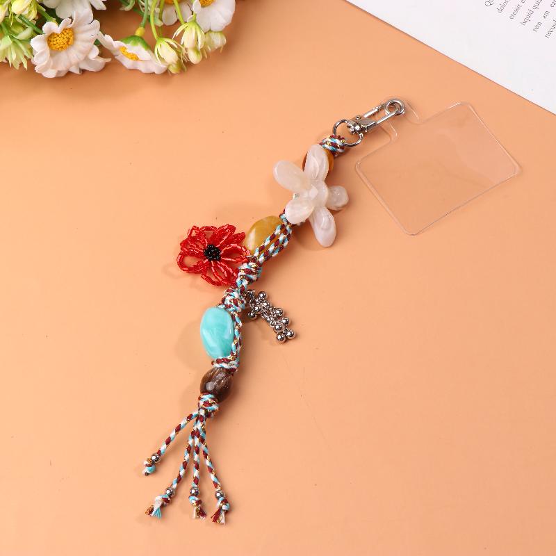 {MX} Ethnic Style Artistic Beaded Keychain Phone Lanyard Vintage Flower Pendant Bag Charm Key Hanging Decoration Gifts