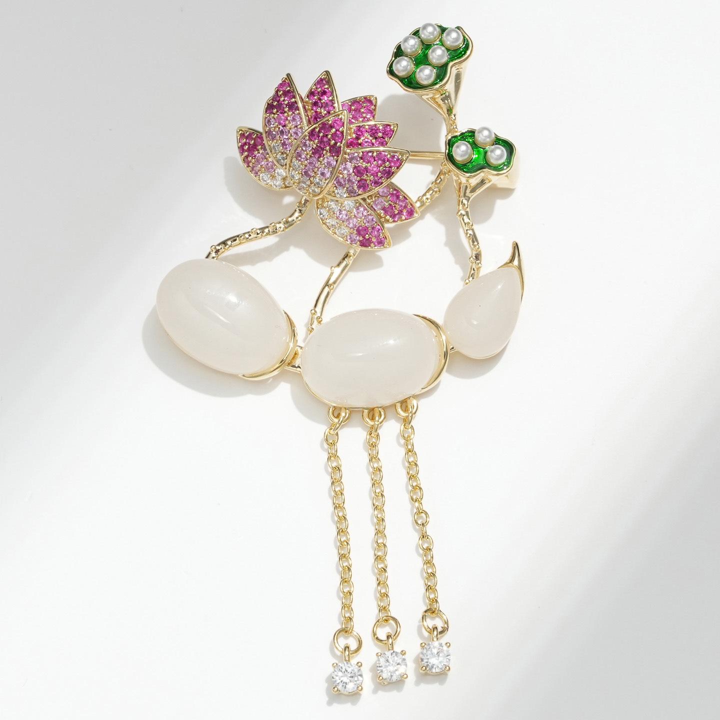 Elegant Women s Tassel White Jade Lotus Brooch - Versatile Corsage Accessory