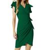 Women's Dress Temperament V-neck Waisted Drawstring Pleated Flared Sleeve Hip Package Slim Dresses