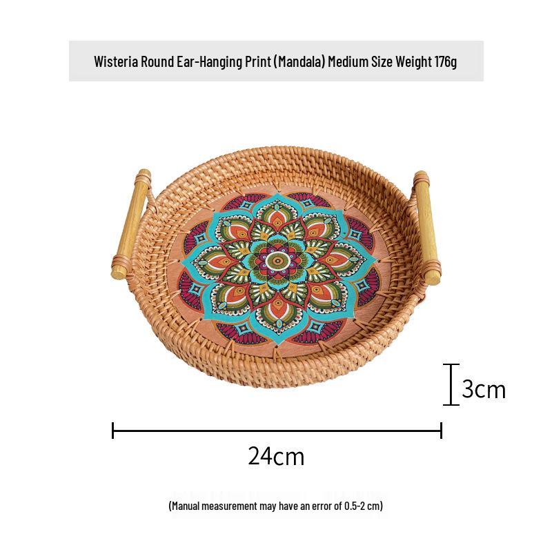 Nordische Handgefertigte Rattan Gewebte Florale Print Runde Griff Frühstückstablett