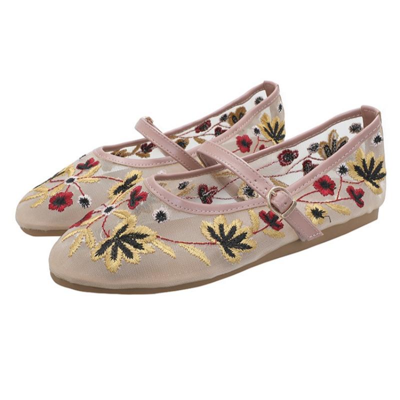 Fashion Ballet Flats 2025 Mesh Breathable Luxury Designer Embroidered Flower Mary Jane New Summer Light Comfortable Women Flat Shoes