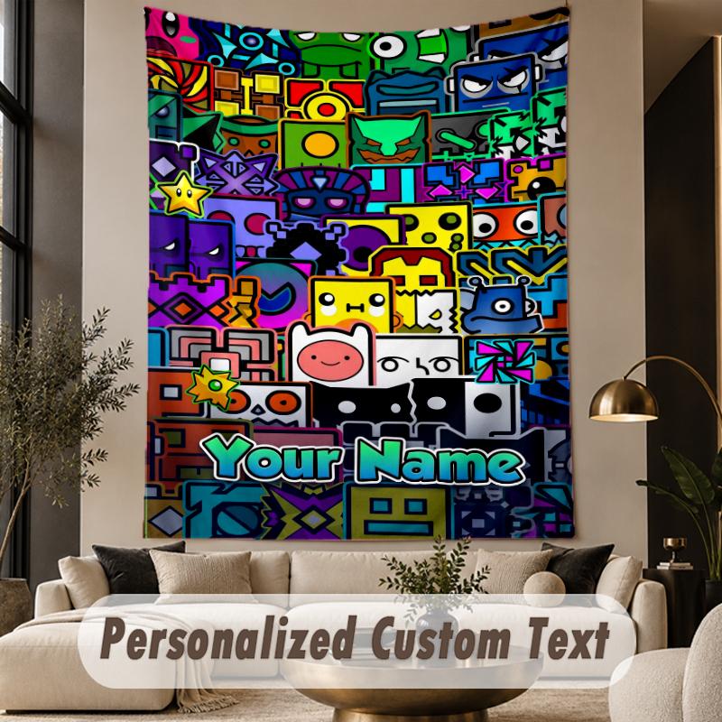 Custom Text Printed Tapestry Geometry Dash Pattern Large Wall Hanging Indoor Room Decor