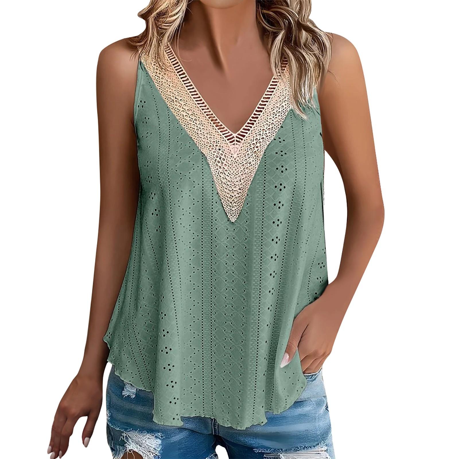 

Новый женский кружевной однотонный топ без рукавов с v-образным вырезом, повседневный жилет L зелёный