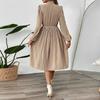 Elegant Pleated Skirt Dress with Bow Tie Collar and Puff Sleeves