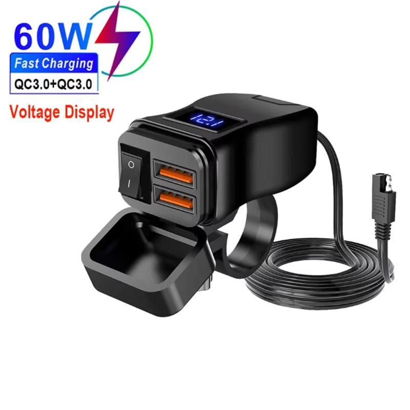 PD QC3.0 Motorcycle USB Fast Charger 60W Handlebar Dual USB Socket with Switch Voltmeter Waterproof 12V Power Supply Adapter