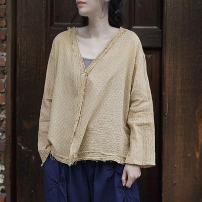 Damen Blusen im chinesischen Stil, Oberteile, V-Ausschnitt, Langarm, Frühlingsblusen, Patchwork, lose Vintage-Shirts