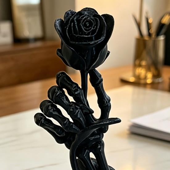 Skeleton Hand Holding Rose Ornament, 3D Printed Gothic Dark Aesthetic Niche Decor, Stable Base Compact Figurine for Home Desk Bookshelf