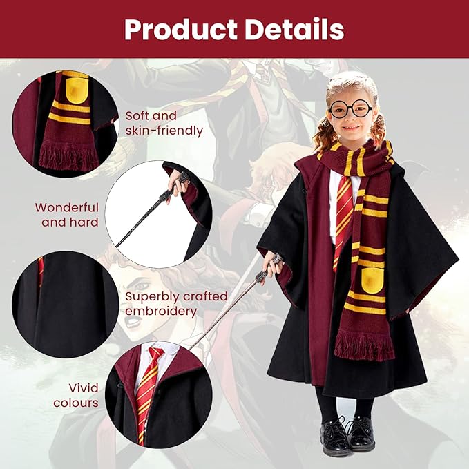Kids Costume Gryffindor Robe Scarf Tie Glasses Magic Wand Set 10-12 Years 155cm Boys Girls Halloween Cosplay Outfit Premium