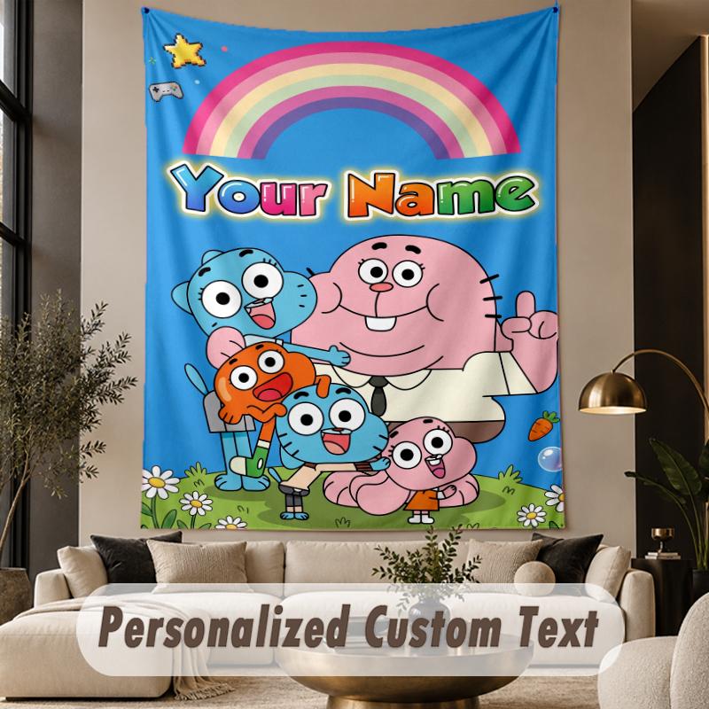 Custom Text Printed Tapestry Amazing World of Gumball Pattern Large Wall Hanging Indoor Room Decor