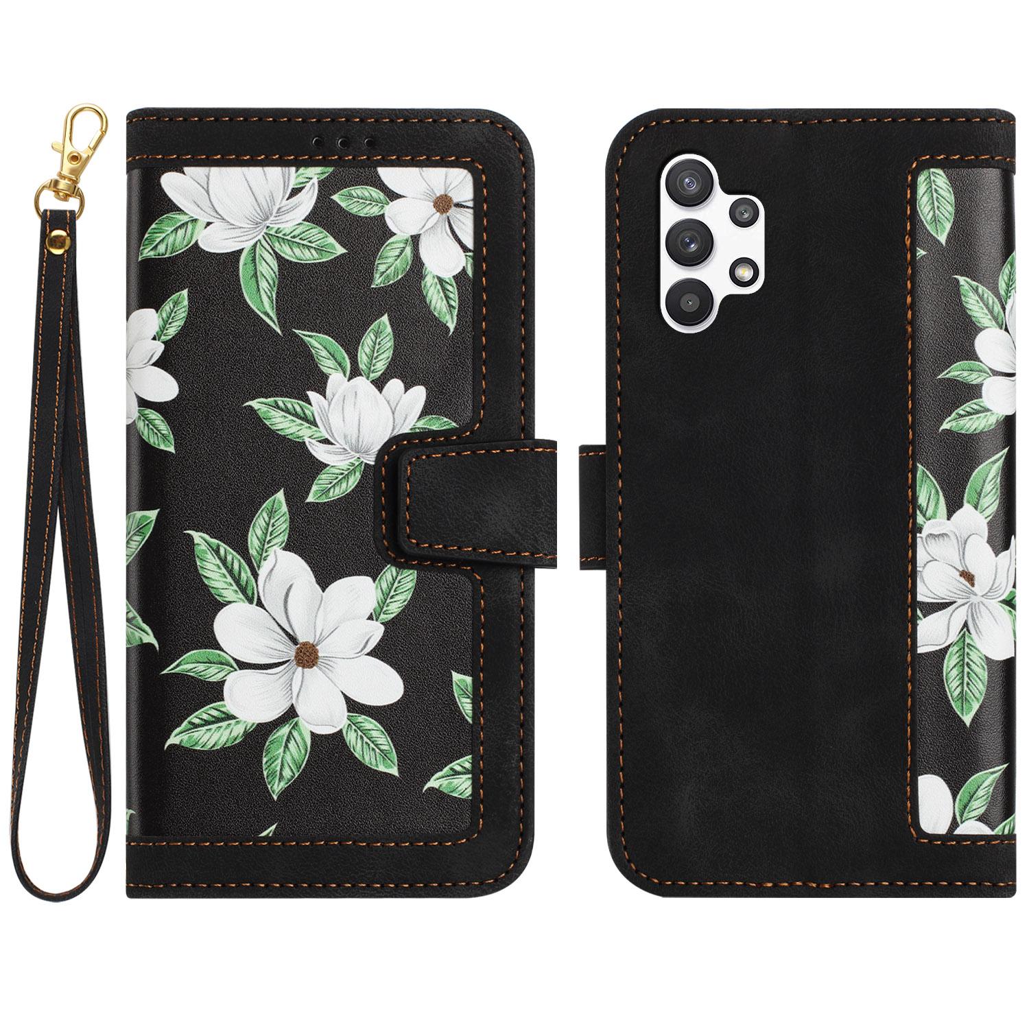 

For Samsung Galaxy A13 4G/5G Card Slots Phone Stand Case PU Leather Flower Pattern Printing Cover Black