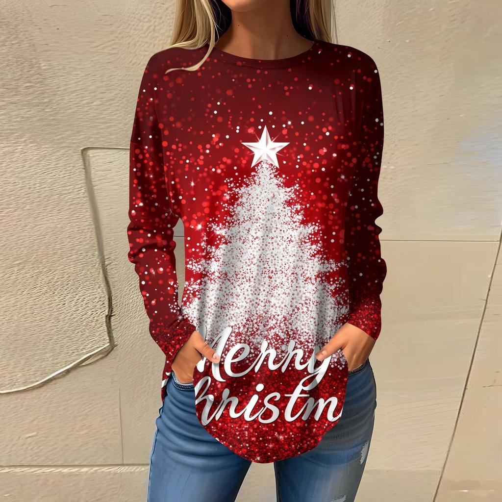 Tee Shirts For Women Fall Casual Long Sleeve Shirts Sweatshirt Vintage Graphic Christmas Printing Top Pullover