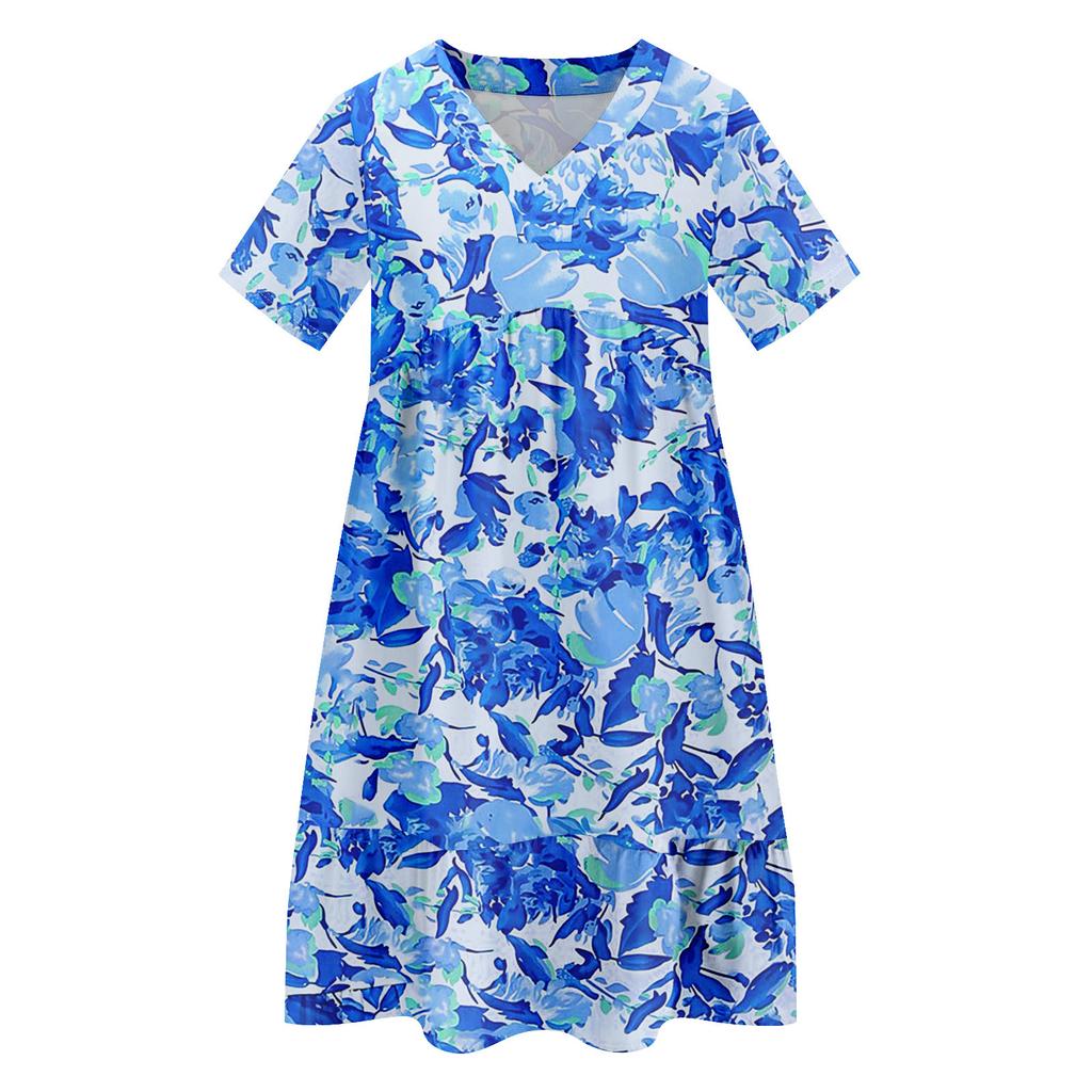 Womens Summer Dress Short Sleeve V Neck Short Dresses Fashion Casual Flowy Boho Ruffle A Line Swing Sundress