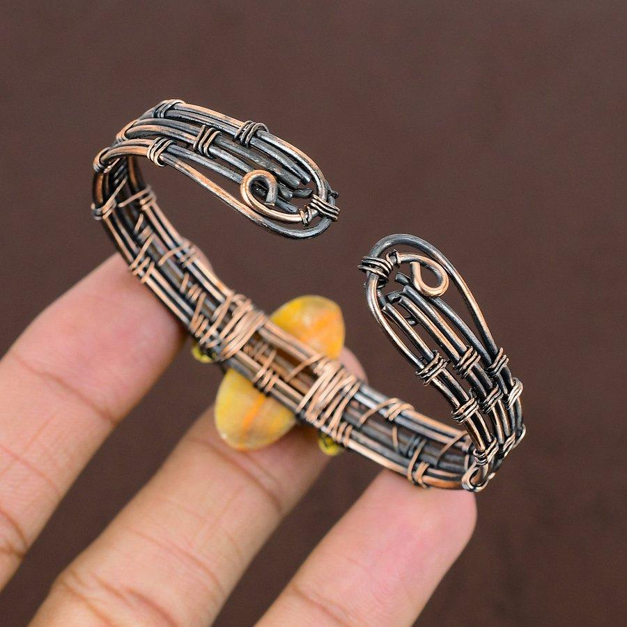 Natural Bumblebee Jasper Gemstone Copper Wire Wrap Cuff Bangle Adjustable K2s80