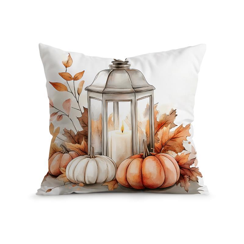 Home Decor Autumn Leaves, Pumpkins & Lanterns Pillow Covers Pattern Cushion Cover Suitable For Sofa Bedroom Car Pillow Cover