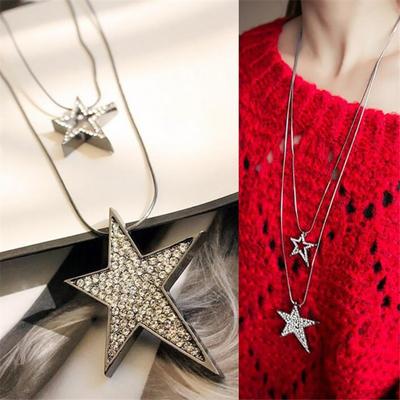 Women Multilayer Rhinestone Inlaid Hollow Star Pendant Necklace Sweater Chain