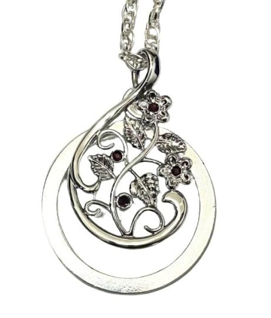 Magnifying Glass Pendant Necklace with Sparkling Rhinestones and Luxury Floral Openwork Pattern (Silver)
