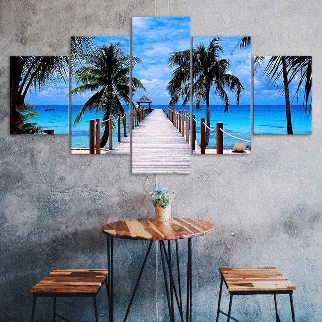 Beach Palm Trees Bridge Seascape 5 Piece Five Panel Wall Canvas Print Modern Art Poster Pictures Home Decor Gift For Him For Her