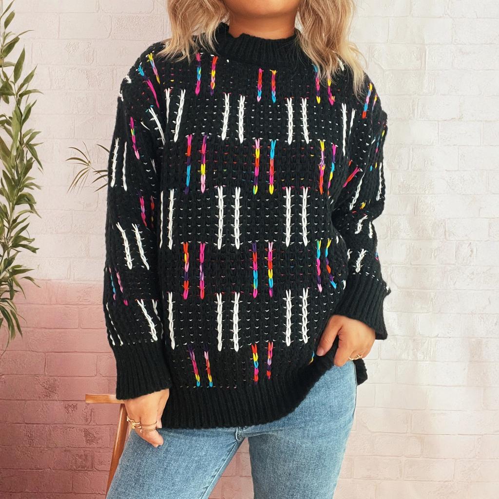 Women's Casual Cute Style Colorful Striped Plaid Contrast Color Knitted Pullover Sweater
