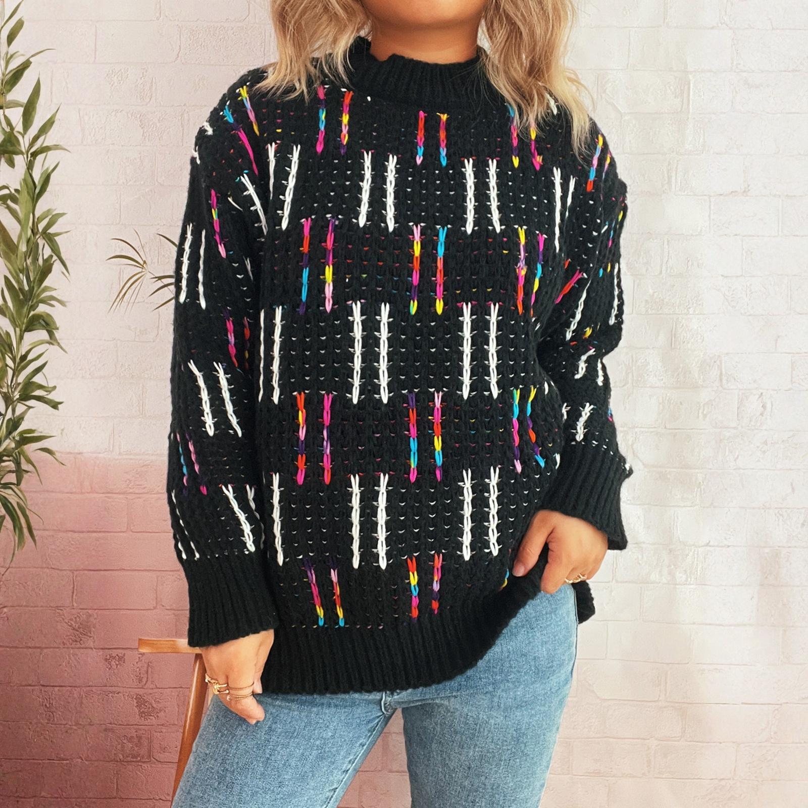 Women s Casual Cute Style Colorful Striped Plaid Contrast Color Knitted Pullover Sweater L 2928₽