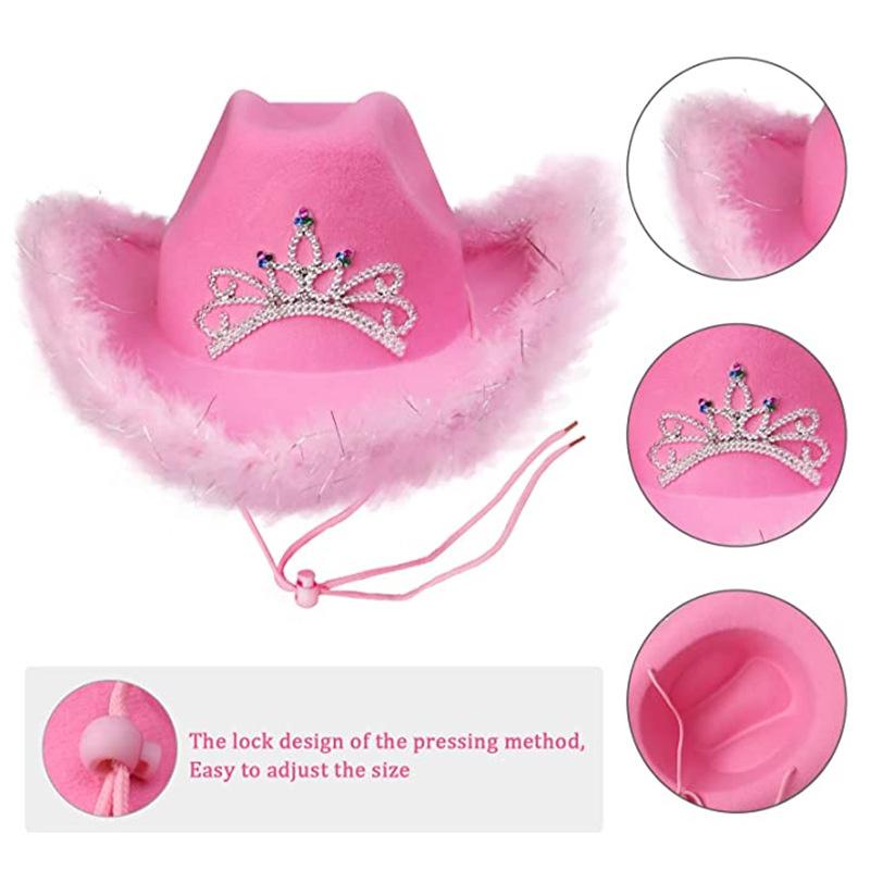 Pink Crown Western Cowgirl Hat Women Girls Tiara Feather Felt Sequin Cowboy Cap Costume Party Jazz Caps Halloween Cosplay Props