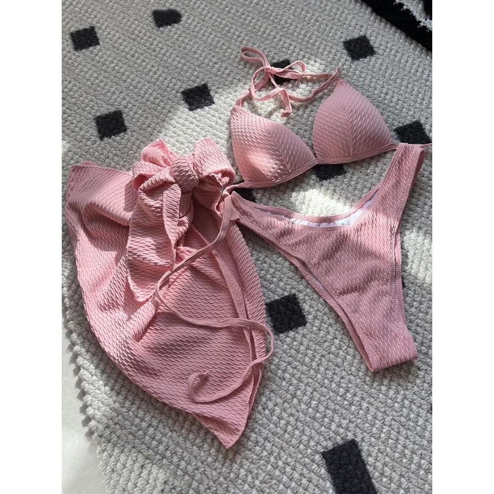 With Beach Sarong Bra Cup Wrinkled Bikini Female Swimsuit Women Swimwear Three-pieces Bikini Set Push Up Bathing Suit Swim Lady