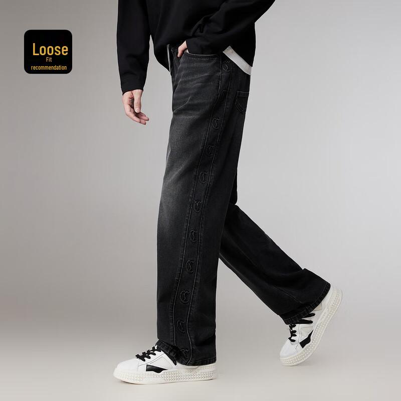 CABBEEN Men's Black Bull D9 Logo Loose Straight Denim Pants
