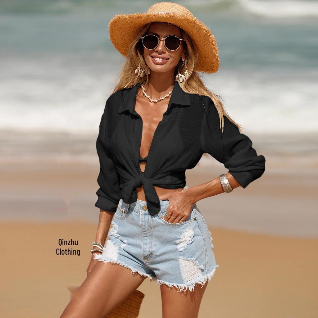 Women's Summer Beach Long Sleeve Cover-Up Cardigan Bikini Top