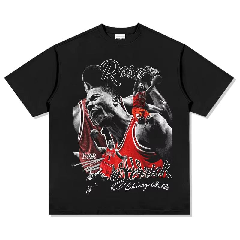 Nyinkommen Street Chic Vintage Derrick Rose Bomullstryckt Kortärmad T-shirt Basketstjärna Sommarsport Rundhalsad T-shirt