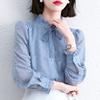 Spring Autumn Elegant Stand Collar Shirt Stylish Drawstring Bow Female Clothing Korean Solid Color Chic Pearl Button Blouse