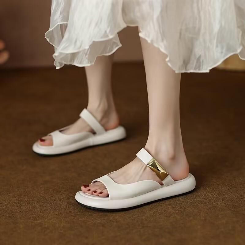 

French girl metal open-toed slippers, women s comfortable stepping on shit, versatile muffin soft-bottomed cool slippers 40