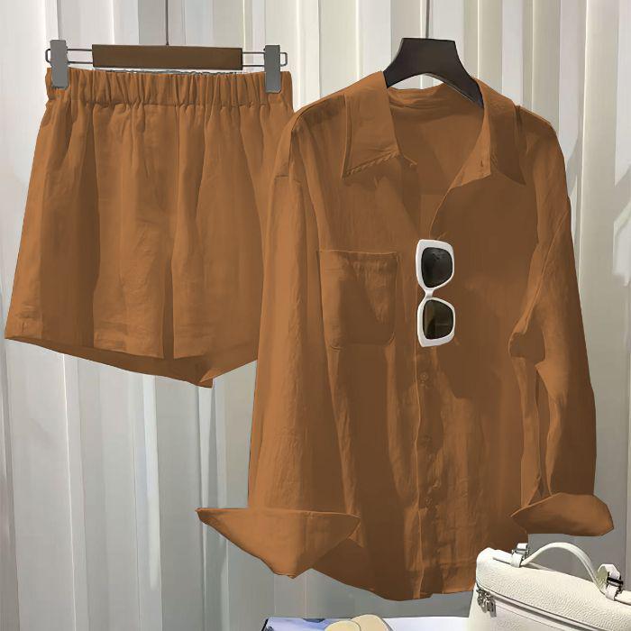 

2025 Spring/Summer Women s Plus Size Linen Long Sleeve Solid Color Shorts Suit 3XL