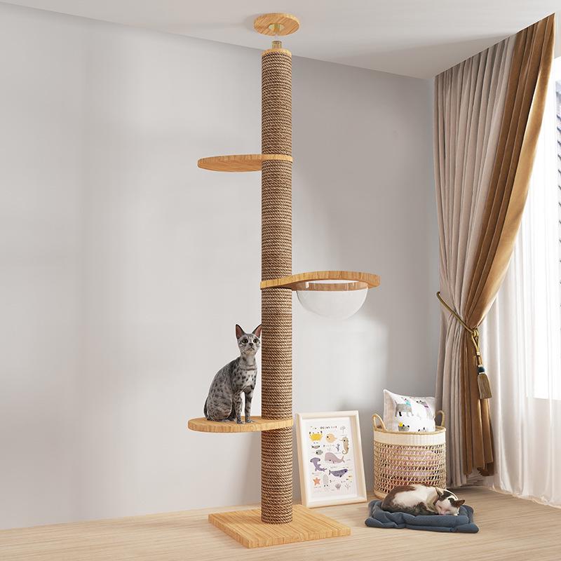 Boden-bis-Decke Katzenkratzbaum mit Raumkapsel & Kratzstamm, Massivholz, Vier Etagen, Katzenkletterspielzeug