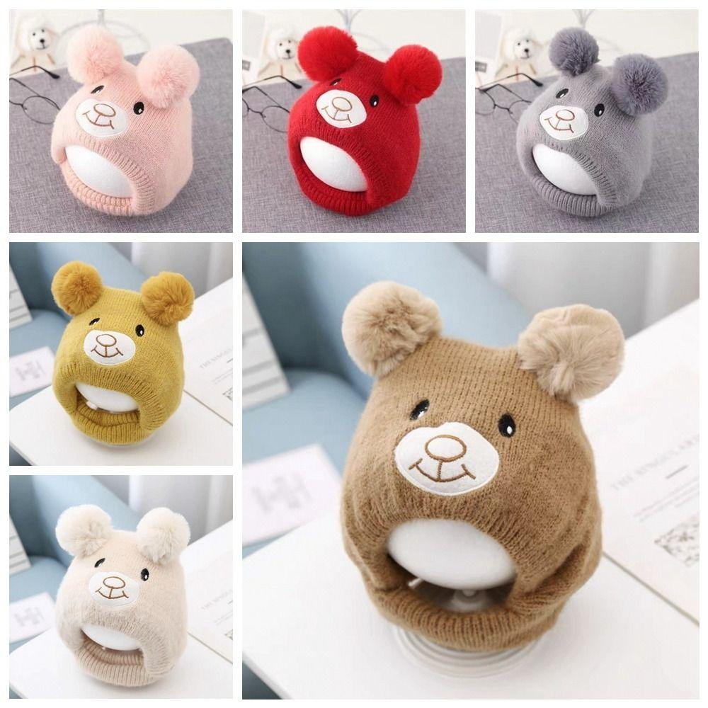 Solid Color Baby Beanie Cap Bear Kids Crochet Hat Cute Kids Ear Protection Hat  Boys