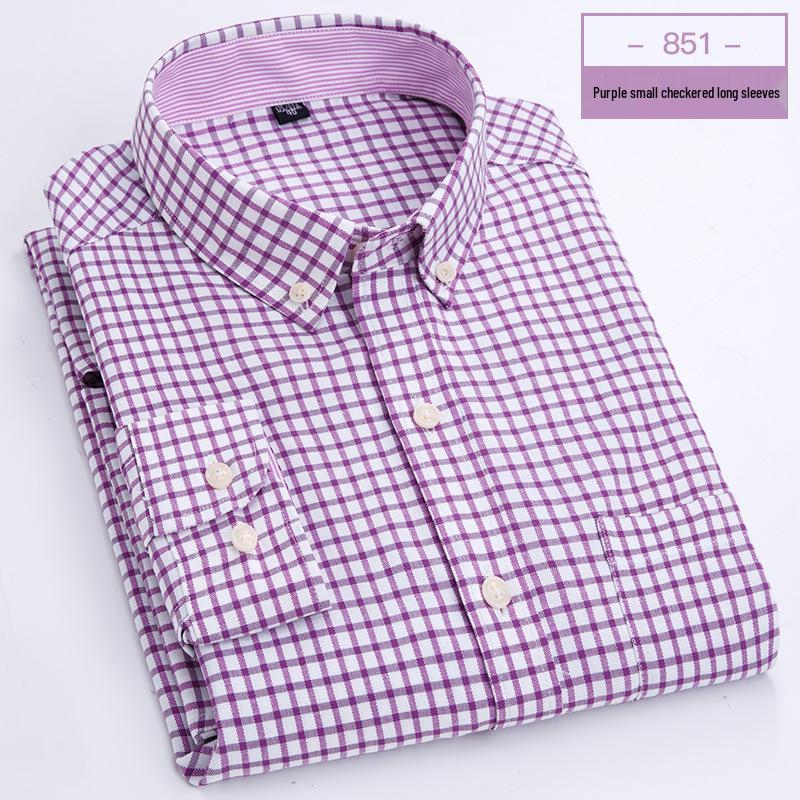 Men's Oxford Cloth Button-Down Shirt - All-Season, Long-Sleeved, Contrast Collar, Casual Cardigan Style for Middle-Aged and Elderly