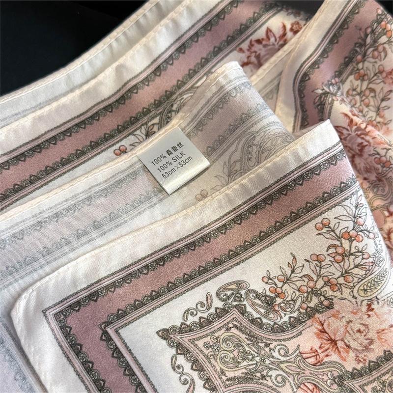 100% Silk Scarf Retro Cross Flower Pattern Square Scarves for Women Wrap Kerchief Mulberry Silk Bandana Headband Hijab