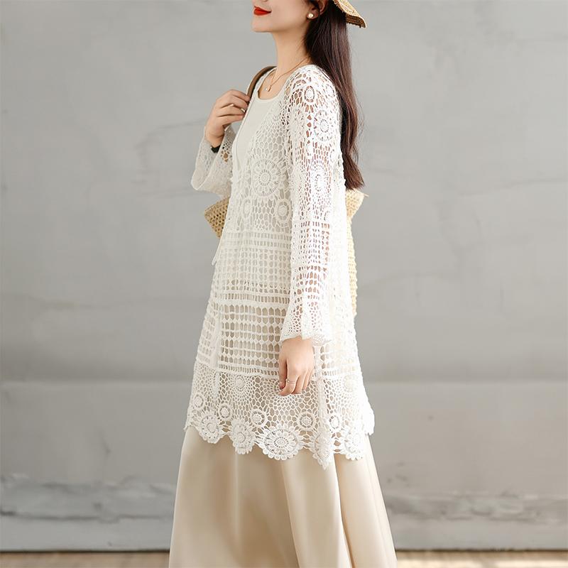 T-Shirt Women Knitting Lace Long Sleeve O-Neck Hollow Summer Style Basic Tops Tees Loose Clothing