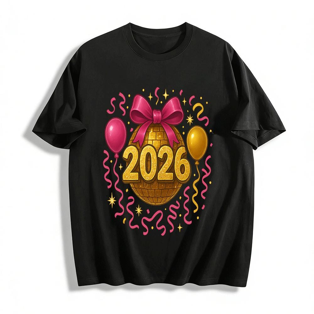

2026 New Year Party Sequin Bow Balloon Graphic Casual Top Pure cotton T-shirt XXS
