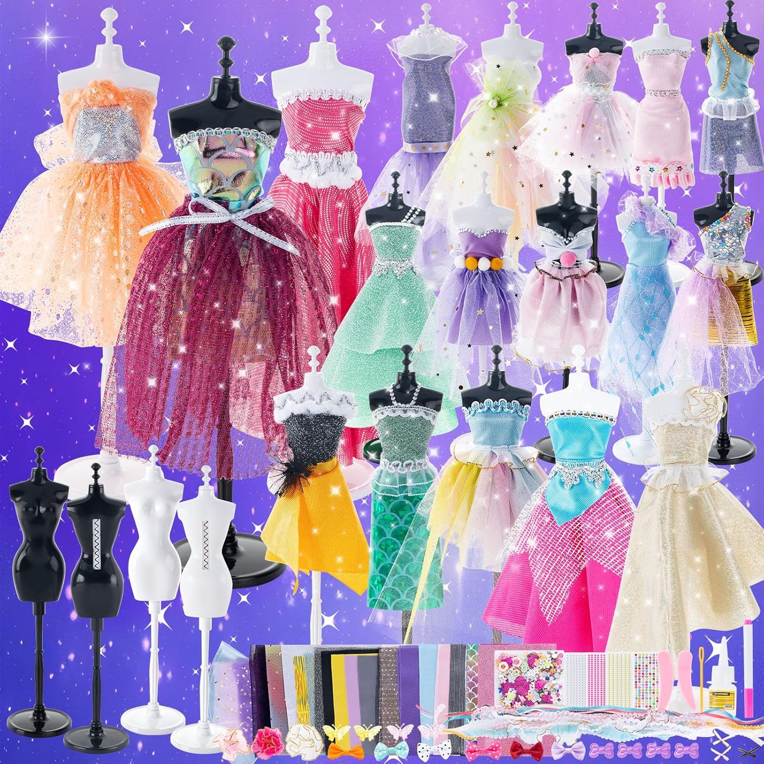 800+ PCS Fashion Designer Kits for Girls - Sewing Kit with 4 Mannequins - DIY Arts and Crafts Kit Doll Clothes Making Set - Designer Dress Girls Toys