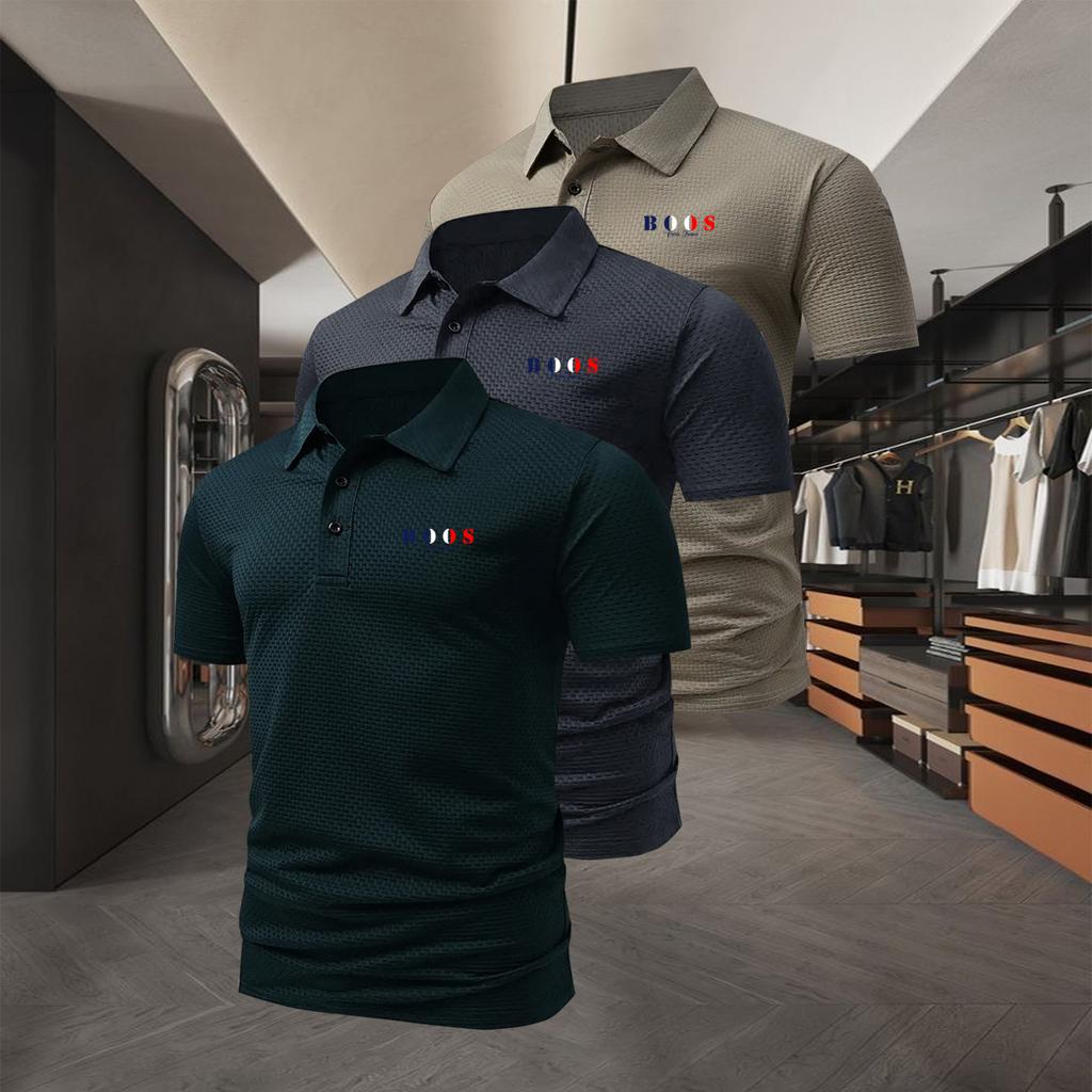 Men's 3pcs Set-Short-Sleeve Polo Shirt with Two-Button Collar, Minimalist Design, Moisture-Wicking, Quick-Drying, and Breathable Golf Shirt