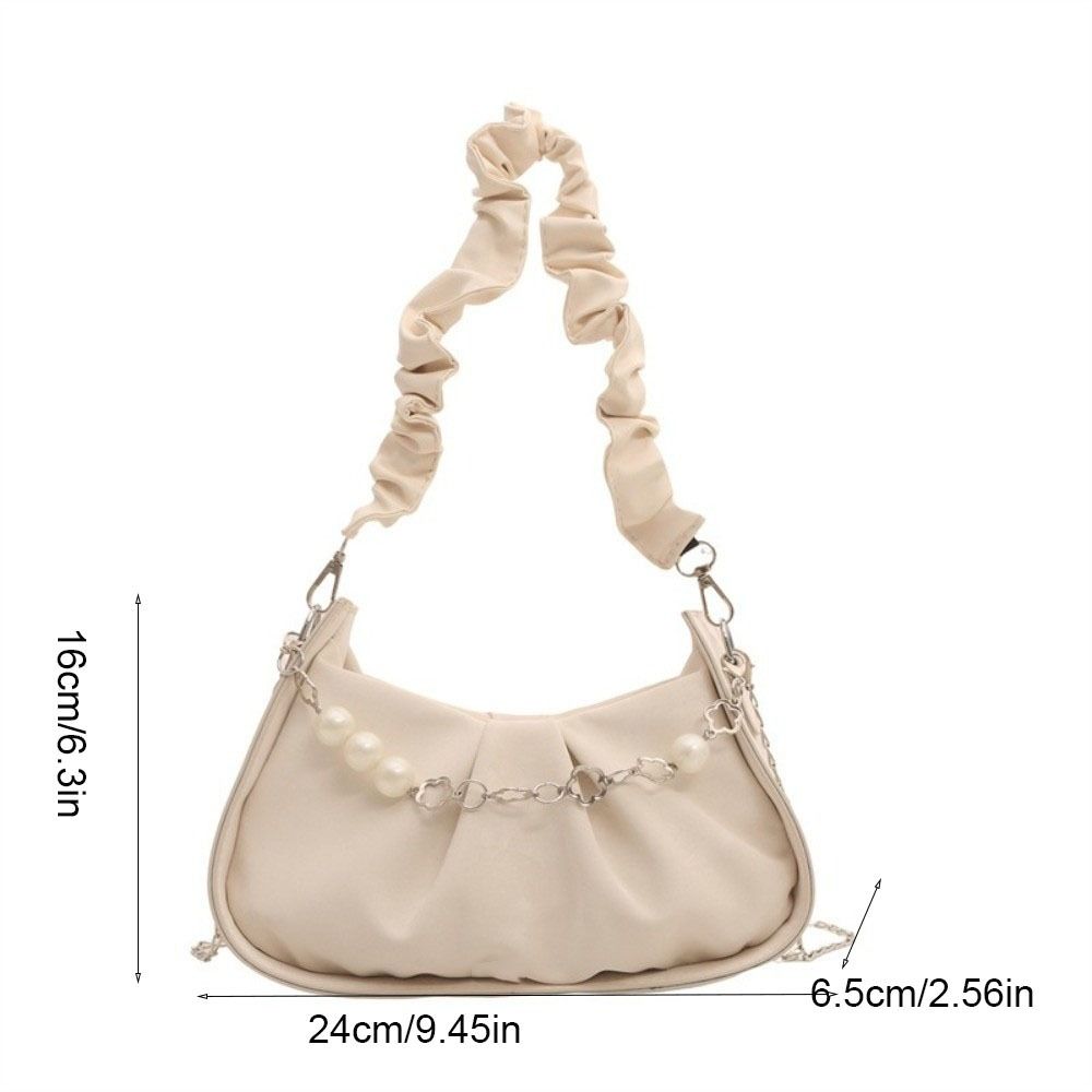 PU Leather Cloud Shoulder Bag Korean Style Pleated Handbag Pearl Chain Crossbody Bag  Office Worker