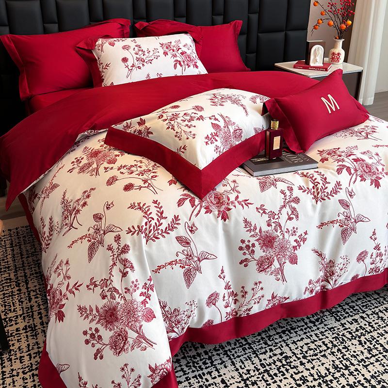 Light luxury wedding big red hollow cotton four-piece set high-count long-staple cotton wedding room happy quilt wedding bedding
