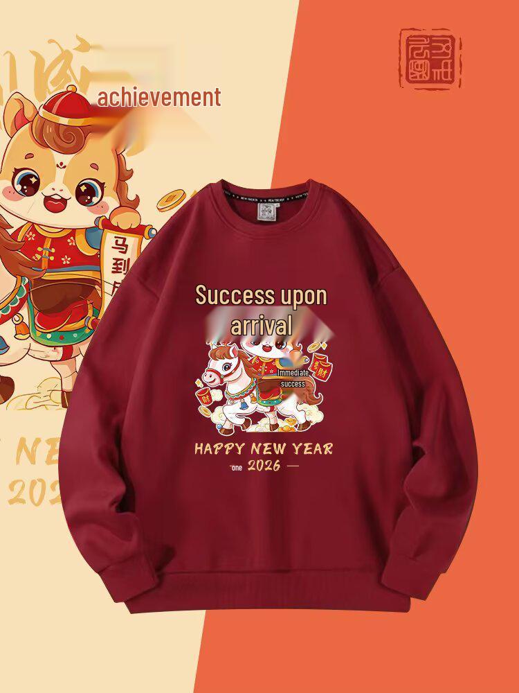 Red Chinese New Year Horse Cartoon Hoodie, Unisex Round Neck, Plus Velvet, Casual Loose Fit