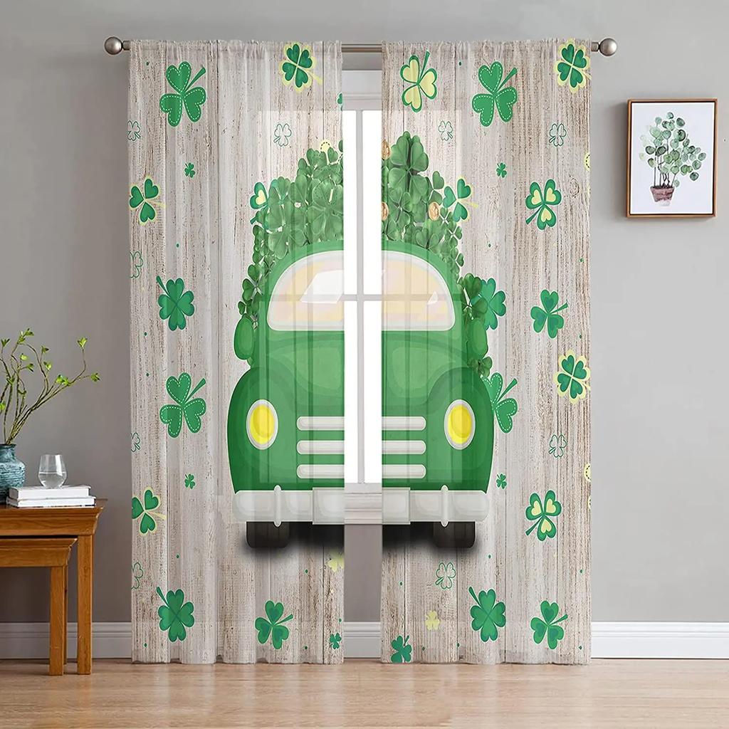 St Patrick Day Curtains Shamrocks Gold Beer Hat Voile Curtain Green Lucky Leaves Window Drapes Bedroom Living Room Sheer For Area Made Of Polyester