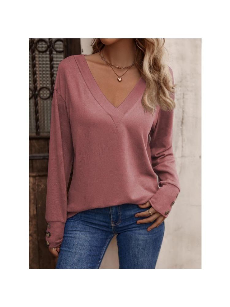 Fashion Women's Casual Tops Solid Color V-neck Loose Long-sleeved T-shirt Button Up Comfortable and Versatile T-shirt for Ladies