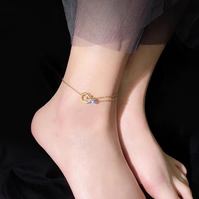 Tide Double-Layer Heart Anklet: 18K Gold-Plated Titanium Steel, Non-fading Fashion Light Luxury for Women