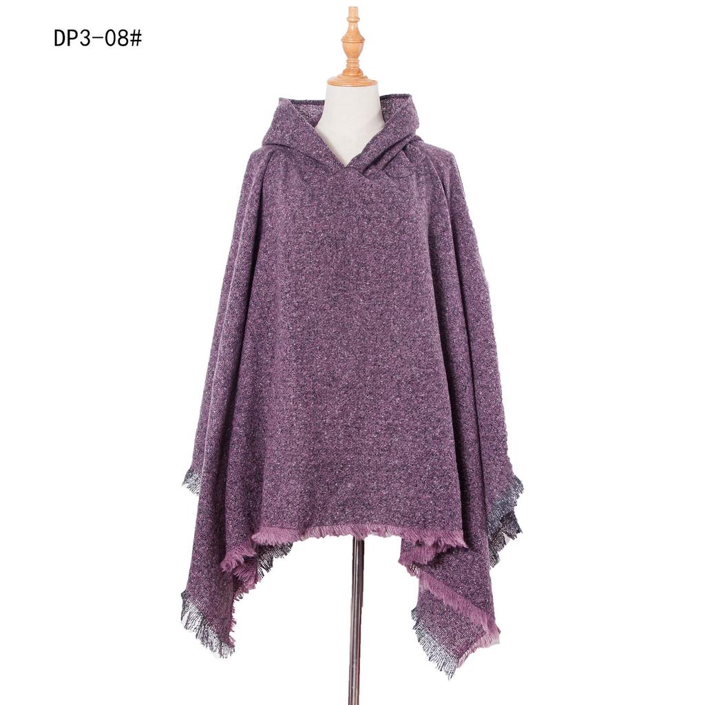 European & American Women’s Black Hooded Pullover Cape with Floral Shawl Clip, Suitable for Spring, Autumn, and Winter