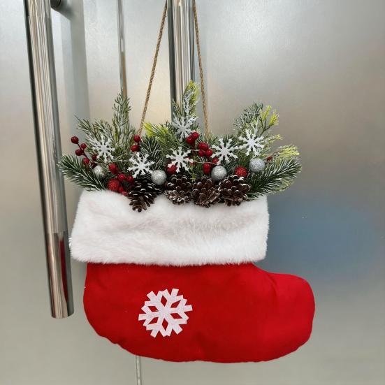 Christmas Stocking Wreath Artificial Wreath Front Door Hanging Sign with Pine Cones Berries for Outdoor Indoor Holiday Decoration