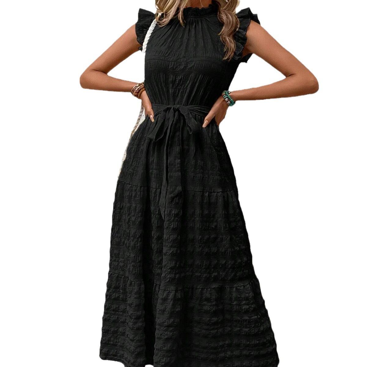 

Women Ruffle Sleeve Tie Waist Solid Color Tiered Maxi Dress S чорний