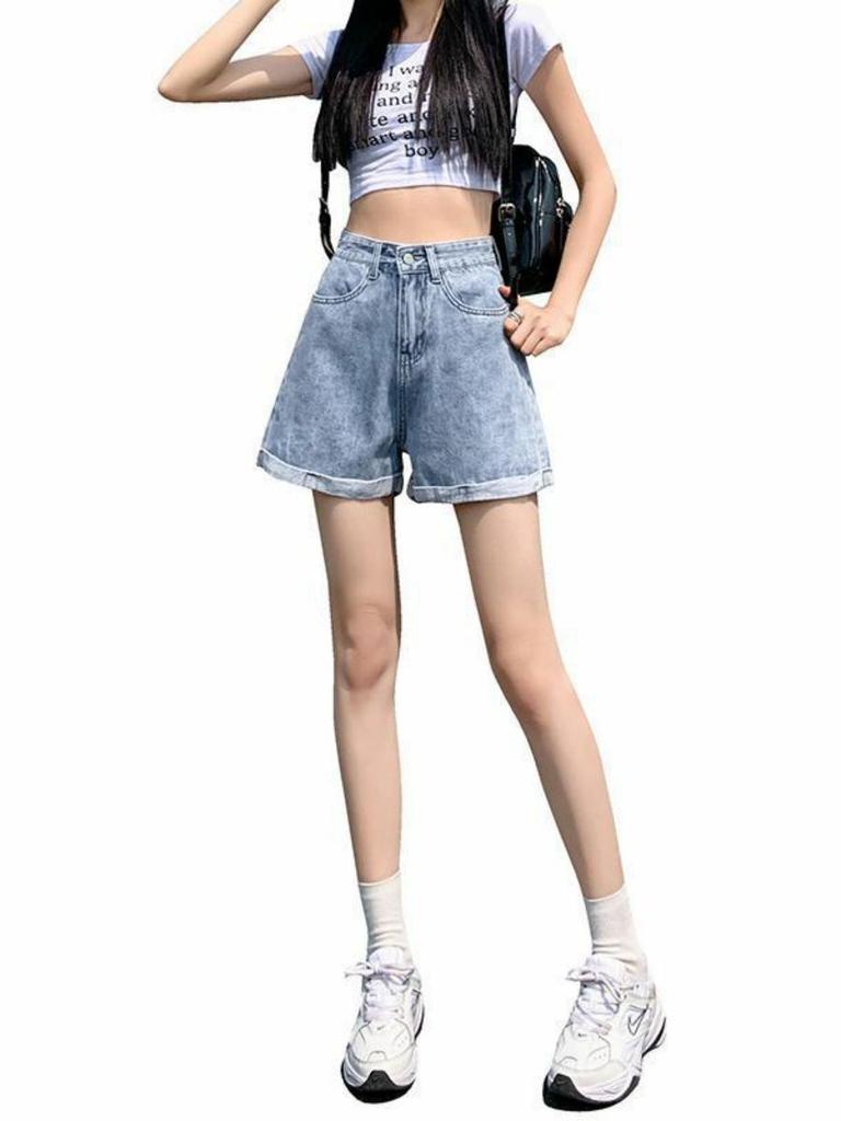 2026 Korean Style Gradient High-Waisted Loose Denim Shorts for Women